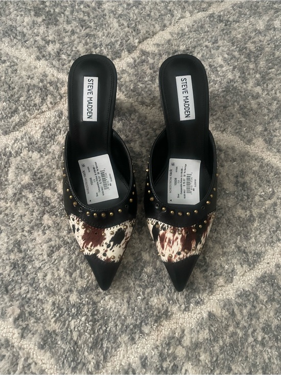 Steve Madden Shoes - Steve Madden Black Mules with Brown & White Cow-Print Toe and Gold Studs